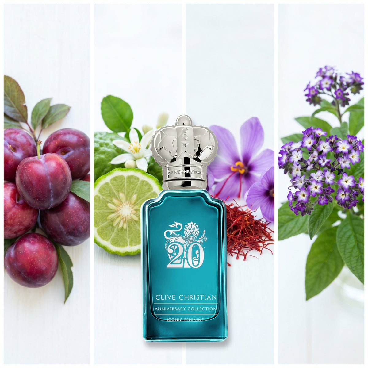 Clive Christian Iconic Feminine fragrance notes: Plum, Bergamot, Saffron, Heliotrope