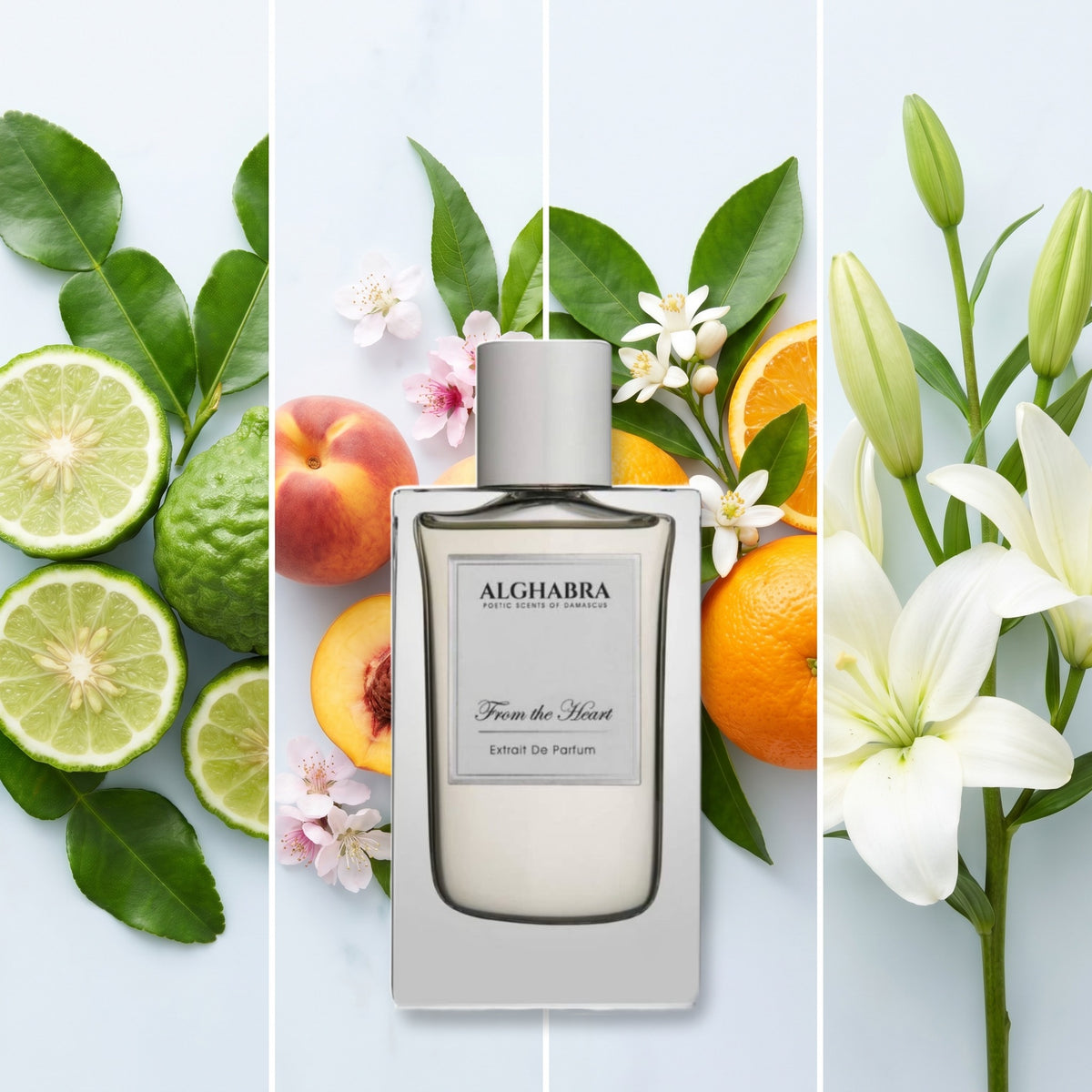 Alghabra Parfums From the Heart fragrance notes: Bergamot, Peach, Bitter Orange, Lily