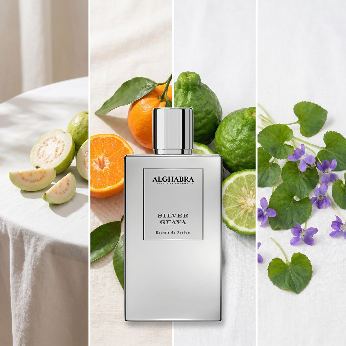 Alghabra Silver Guava fragrance notes: Guava, Mandarin, Bergamot, Violet Leaf