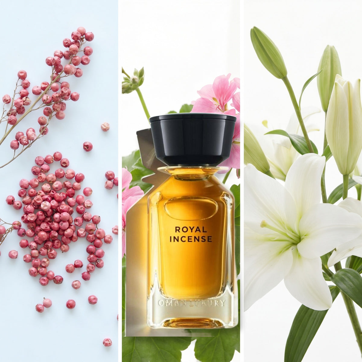 Omanluxury Royal Incense fragrance notes: Pink Pepper., Geranium, Lily.