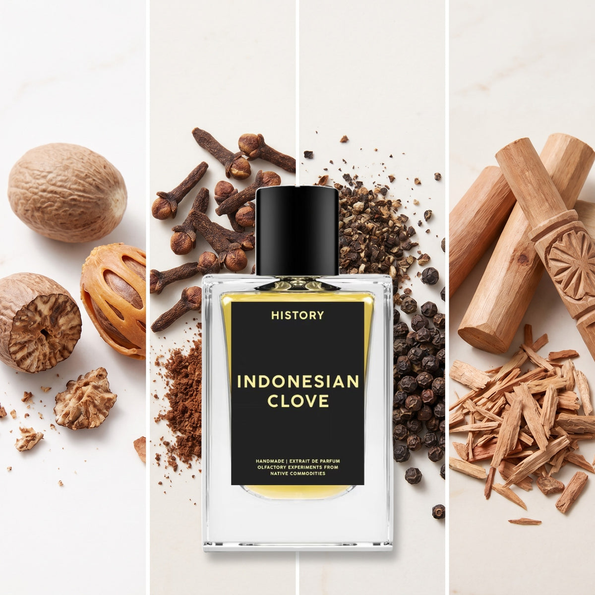 History Indonesian Clove fragrance notes: Nutmeg, Clove Bud, Black Pepper., Sandalwood
