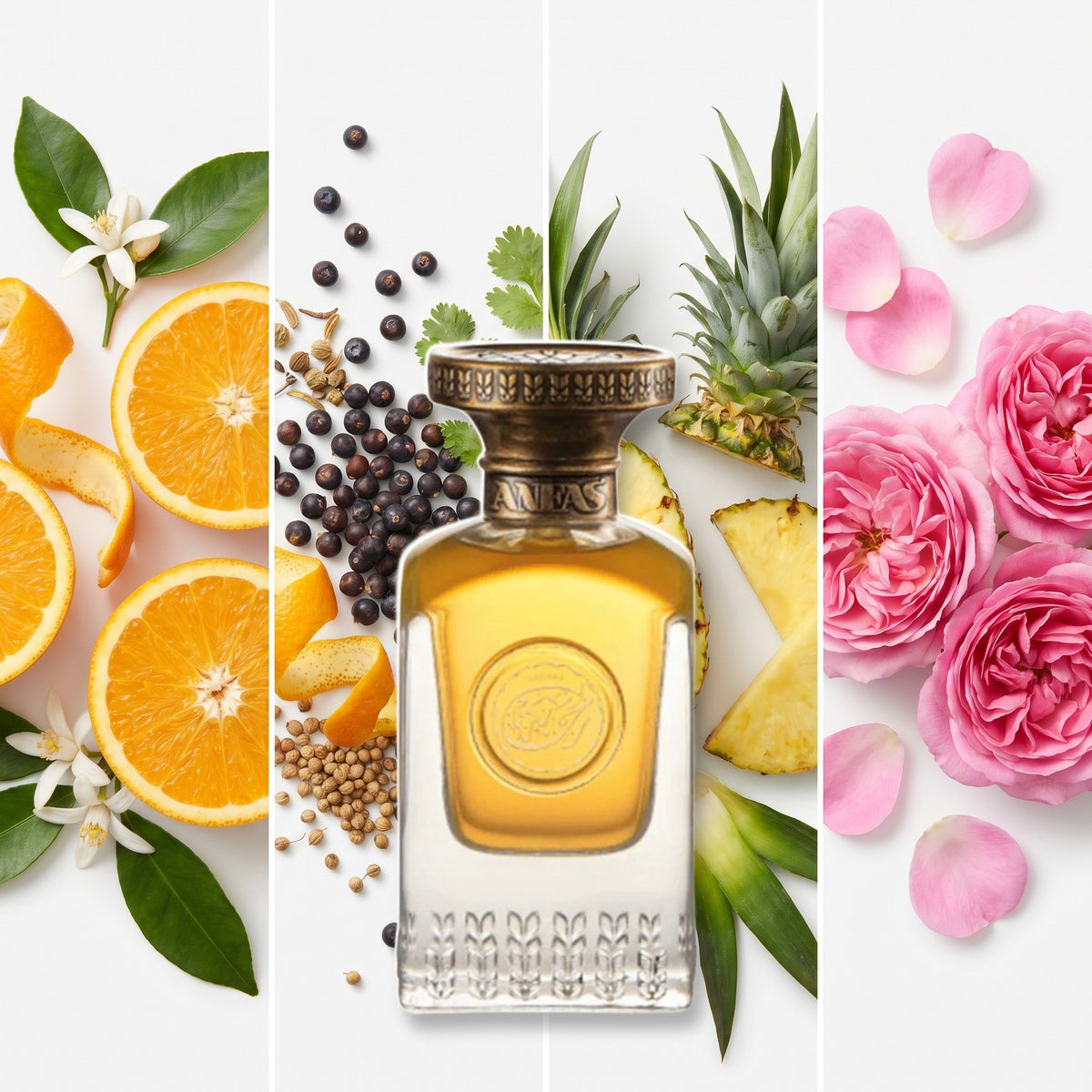 Anfas Rahaba fragrance notes: Orange, Gin, Pineapple, Damascena Rose