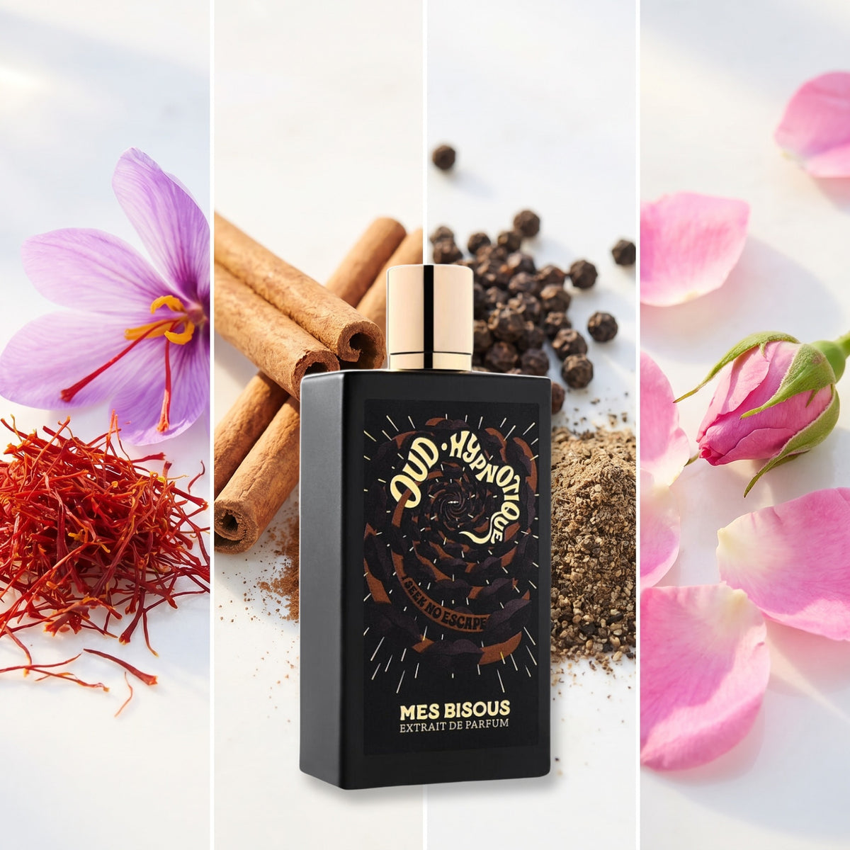 Mes Bisous Oud Hypnotique fragrance notes: Saffron, Cinnamon, Black Pepper, Turkish Rose