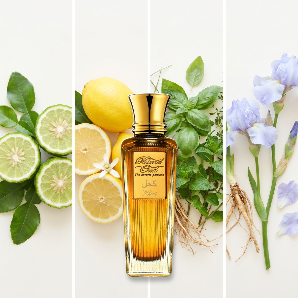 Blend Oud Khoul fragrance notes: Bergamot, Lemon, Green notes., Iris