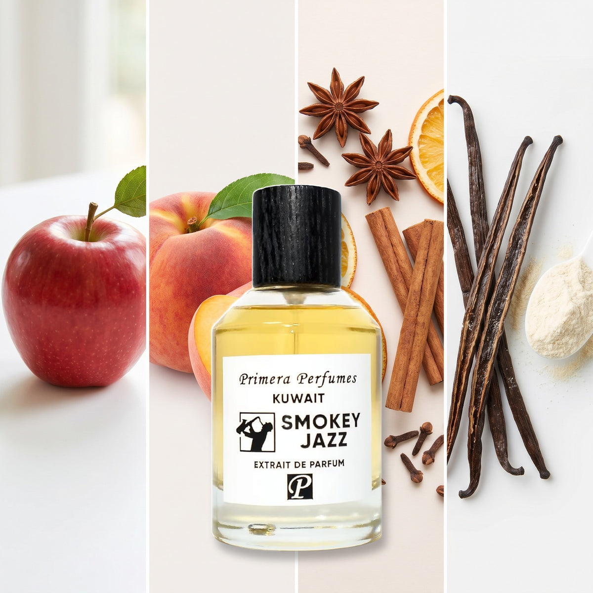 Primera Perfumes Kuwait Smokey Jazz fragrance notes: Red Apple, Peach, Spices accords, Vanilla