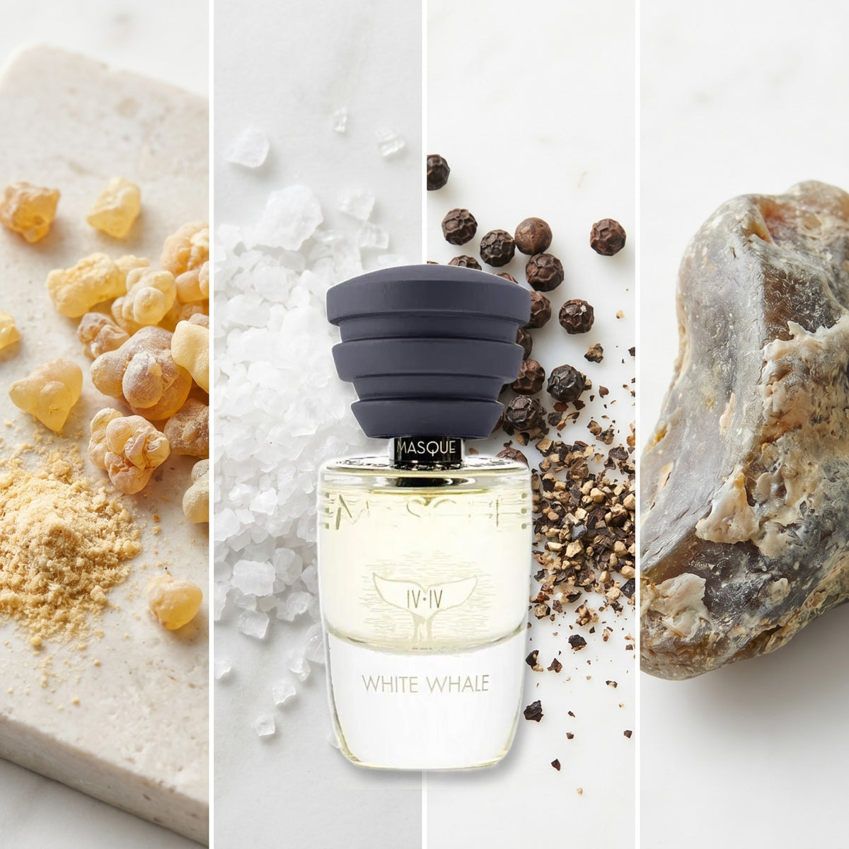 Masque Milano White Whale fragrance notes: Olibanum, Salt, Black Pepper., Ambergris