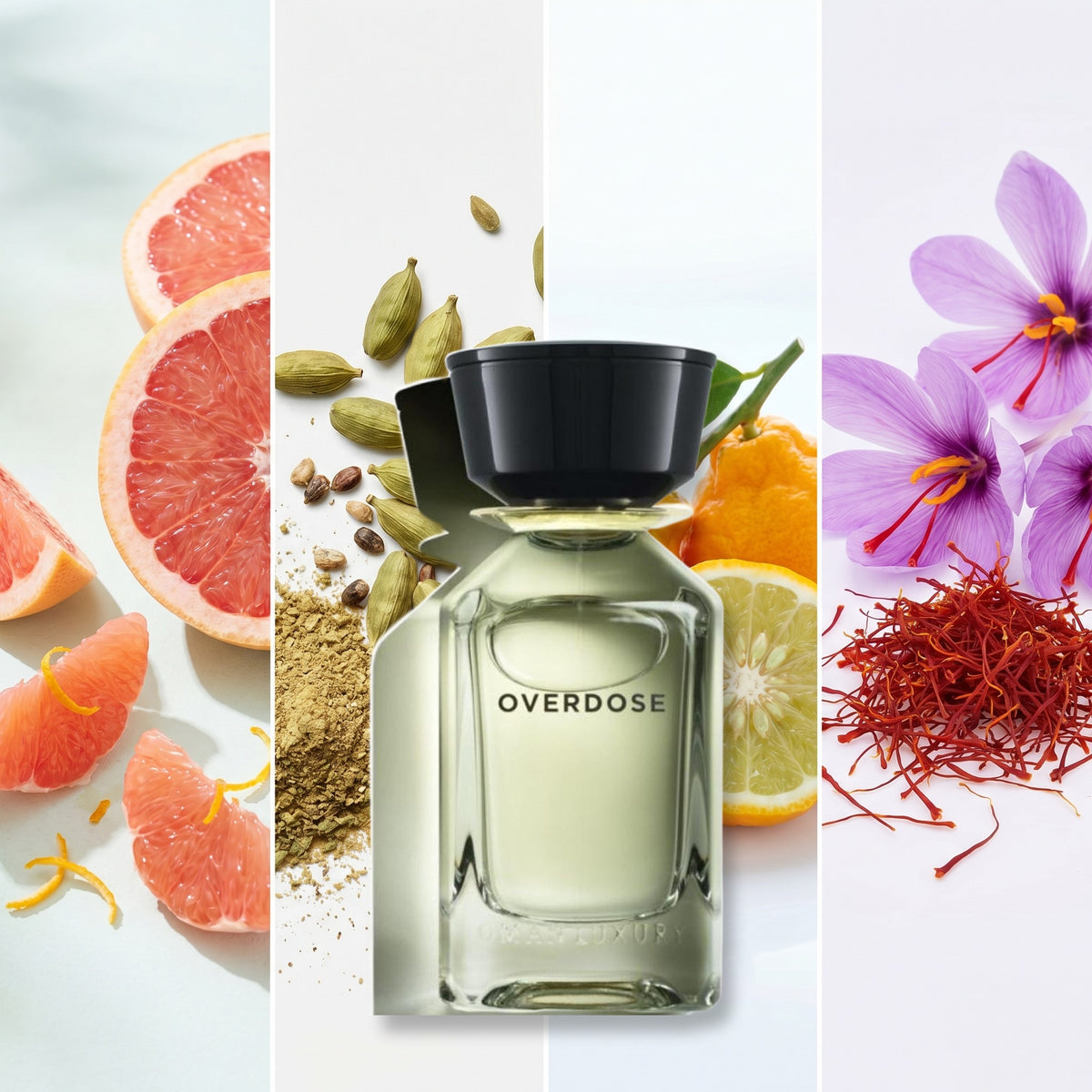 Omanluxury Overdose fragrance notes: Grapefruit, Cardamom, Bergamot, Saffron