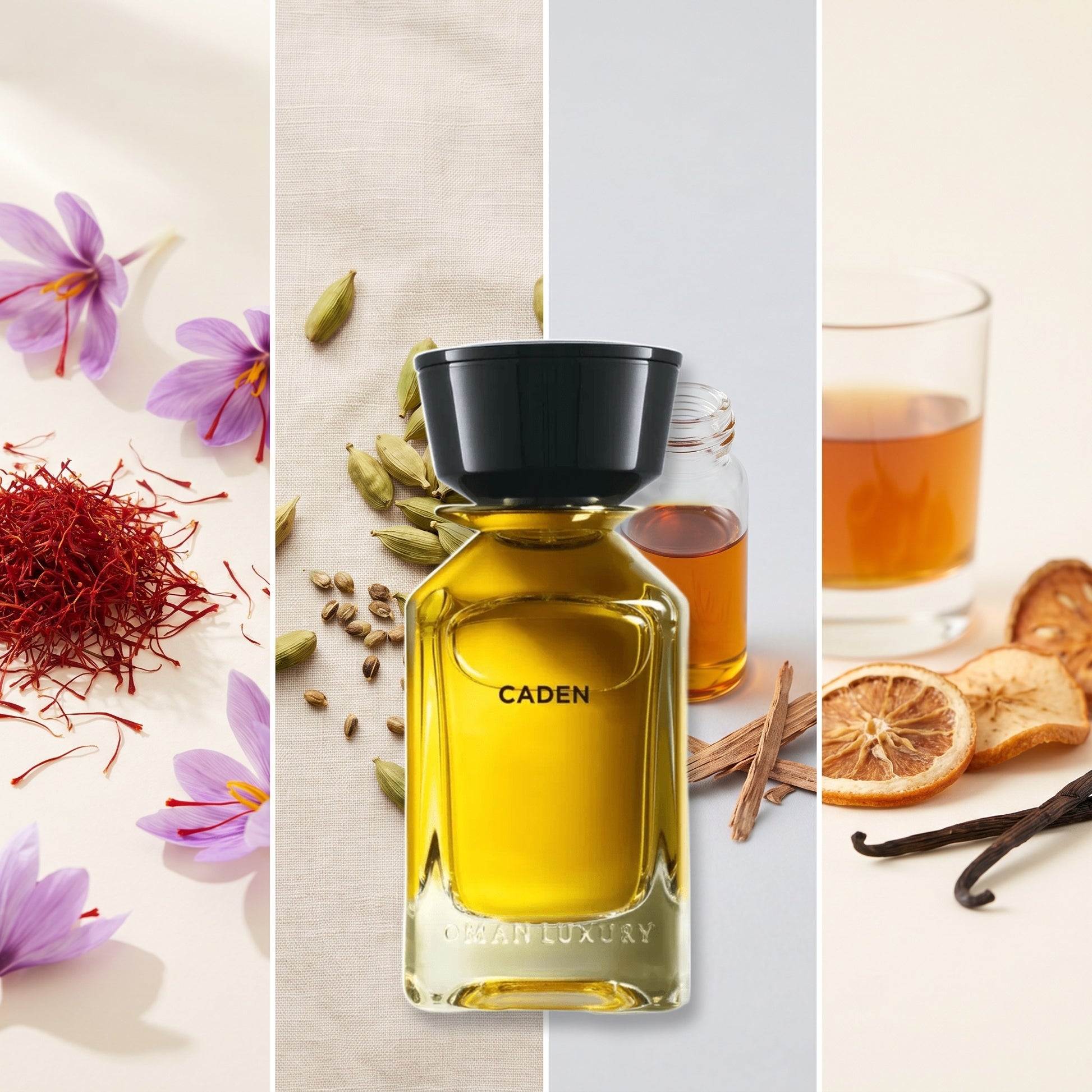 Omanluxury Caden fragrance notes: Saffron, Cardamom, Cade Oil, Boozy Notes