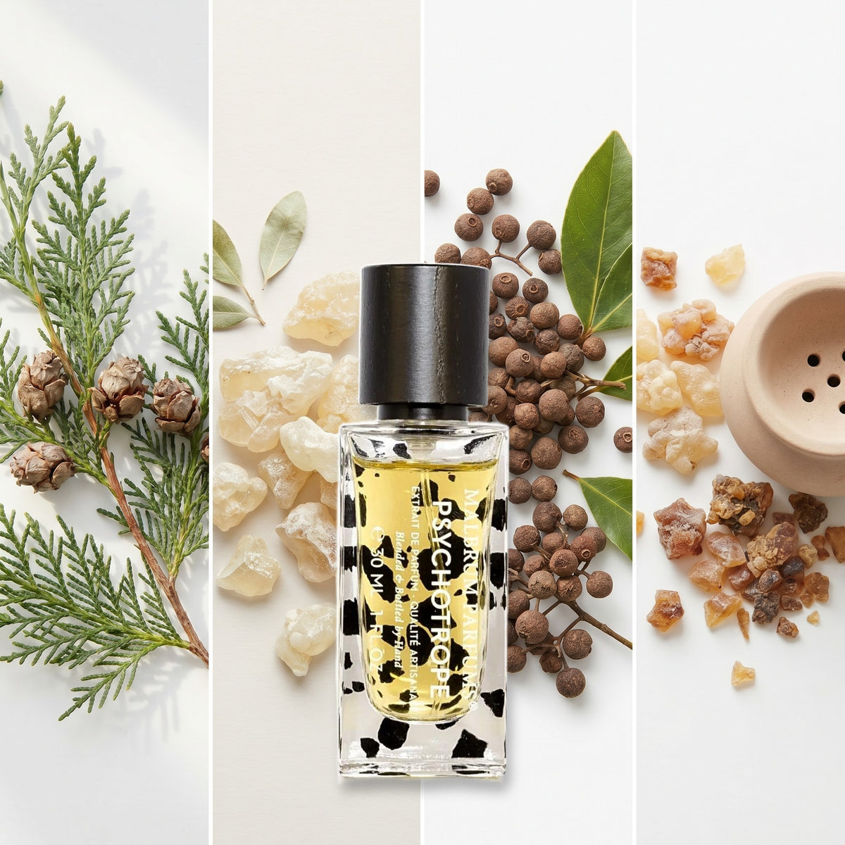 Malbrum Parfums Psychotrope fragrance notes: Cypress, elemi, pimento berries., Incense