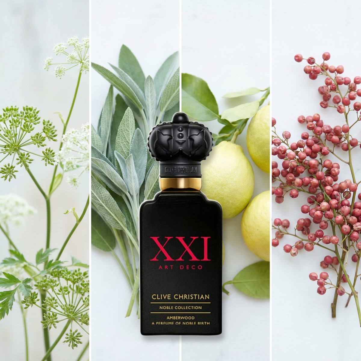 Clive Christian Art Deco Amberwood fragrance notes: Angelica, Sage, Bergamot, Pink Pepper.
