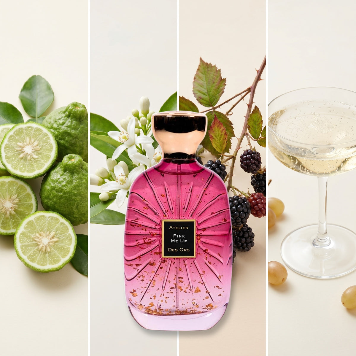 Atelier des Ors Pink Me Up fragrance notes: Bergamot, Orange Blossom., Blackberry, Champagne