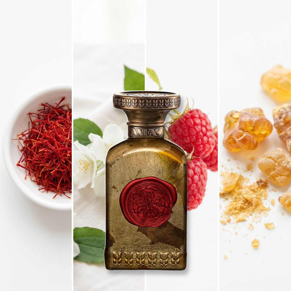 Anfas Ishq Red fragrance notes: Saffron, Jasmine, Raspberry, Amber