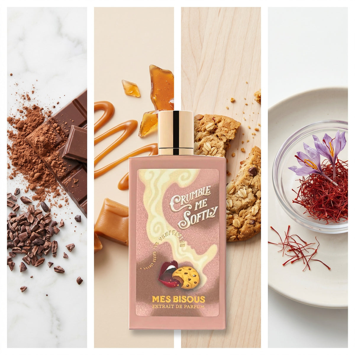 Mes Bisous Crumble Me Softly fragrance notes: Chocolate, Caramel, Cookie, Saffron