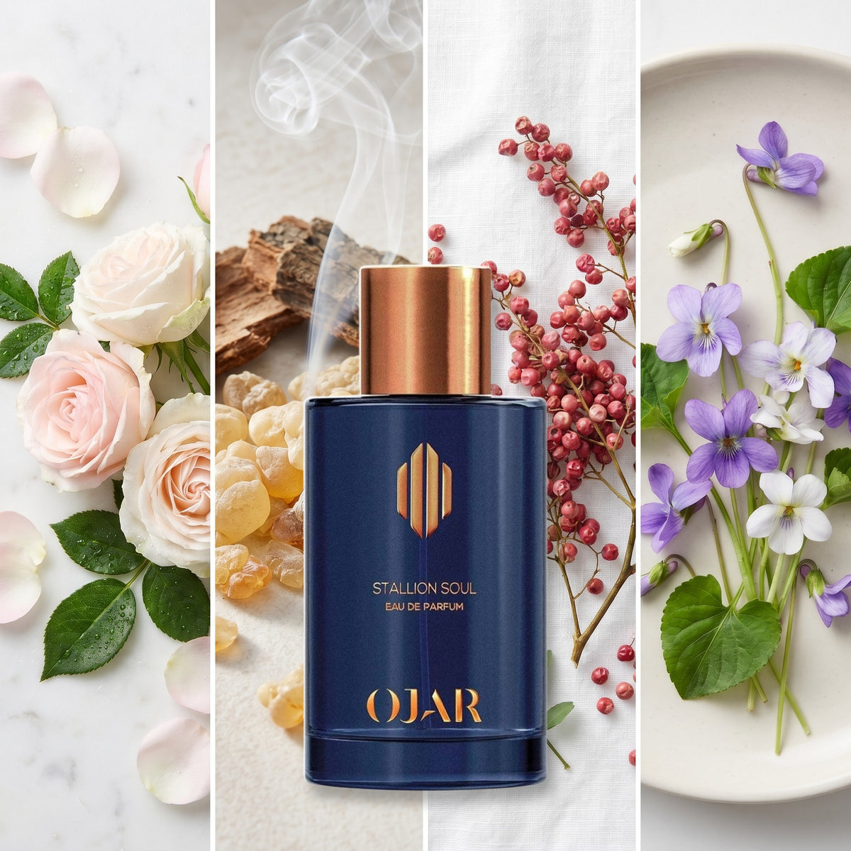 Ojar Stallion Soul fragrance notes: Rose, Frankincense, Pink Pepper, Violet