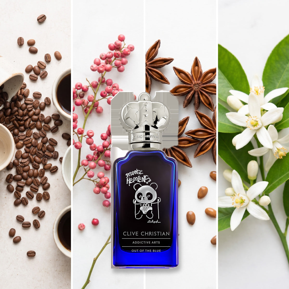 Clive Christian Strange Heavens Out of the Blue fragrance notes: Coffee, Pink Pepper, Anise, Orange Blossom