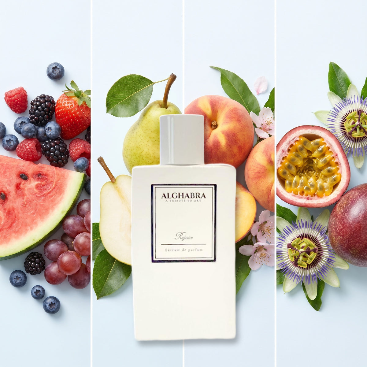 Alghabra Parfums Rejoice fragrance notes: Fruity Sweet, Pear, Peach, Passion Fruit