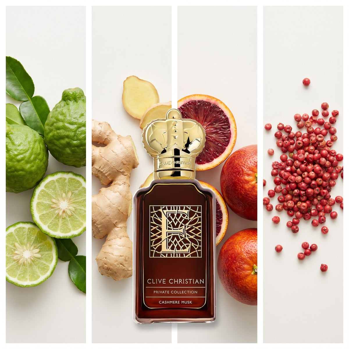 Clive Christian E Cashmere Musk fragrance notes: Bergamot, Ginger, Blood Orange, Pink Pepper