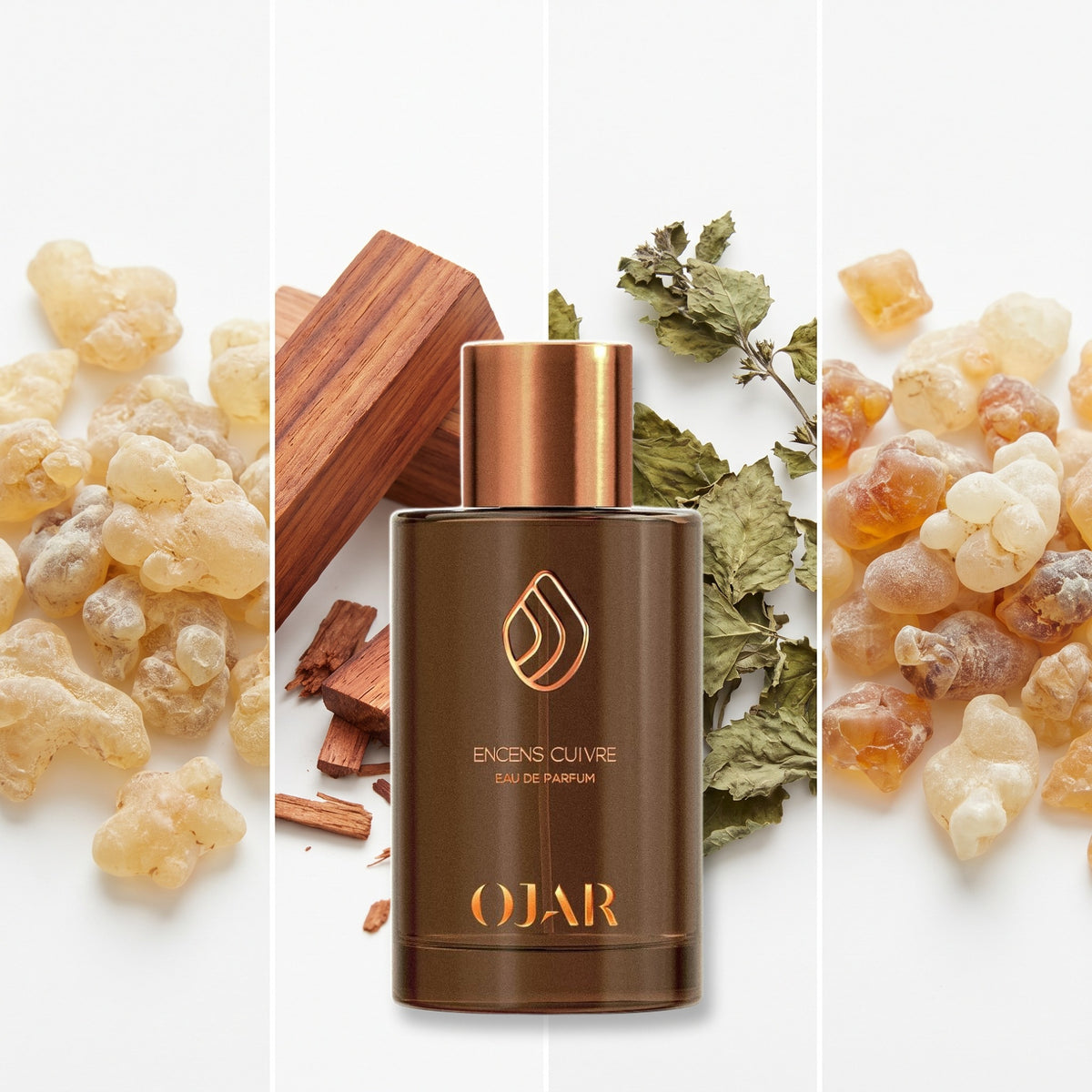 Ojar Encens Cuivre fragrance notes: Elemi Resin, Rosewood, Patchouli, Frankincense