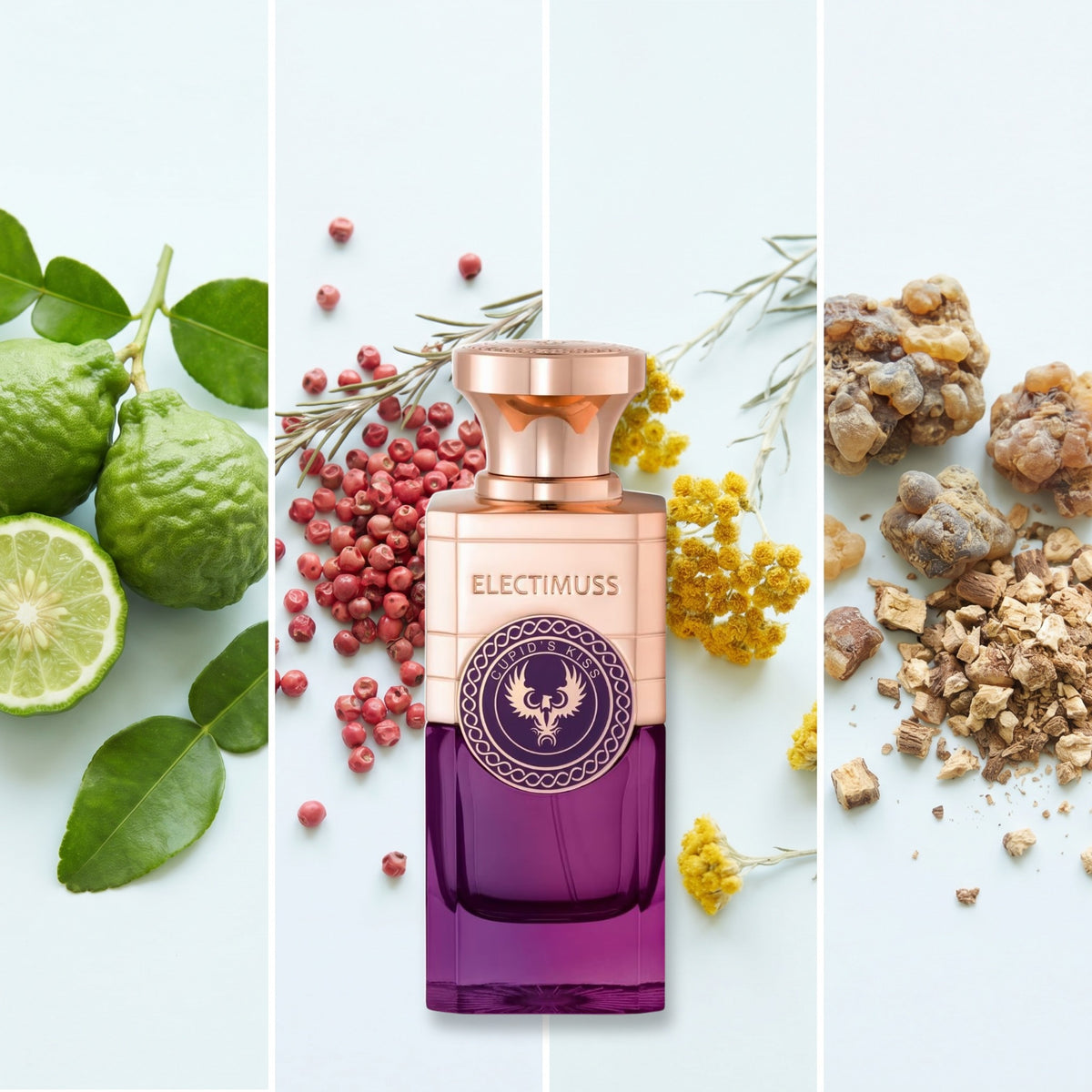 Electimuss Cupid's Kiss fragrance notes: Bergamot, Pink Pepper, Balkans Immortelle Absolute, Iris Resinold