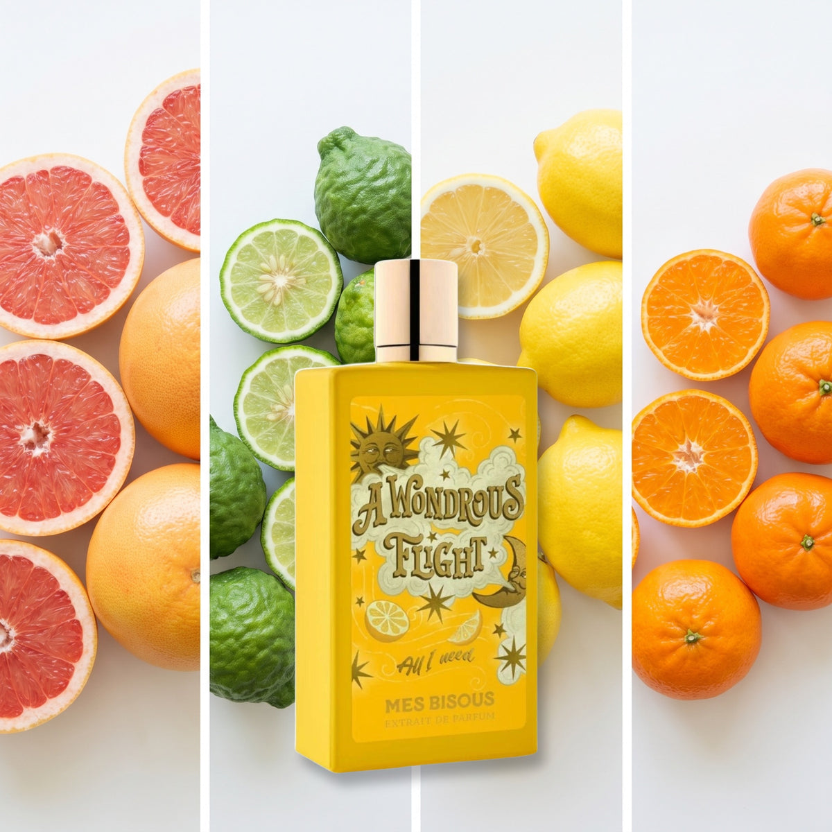 Mes Bisous A Wondrous Flight fragrance notes: Grapefruit, Bergamot, Lemon, Mandarin