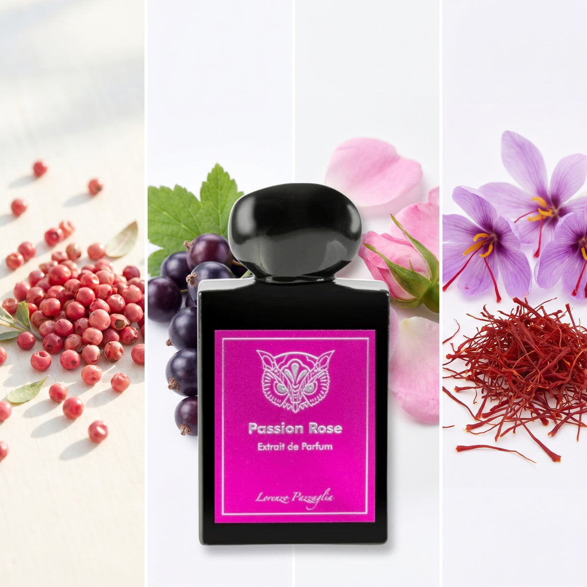 Lorenzo Pazzaglia Passion Rose fragrance notes: Pink Pepper, Blackcurrant, Bulgarian Rose, Saffron
