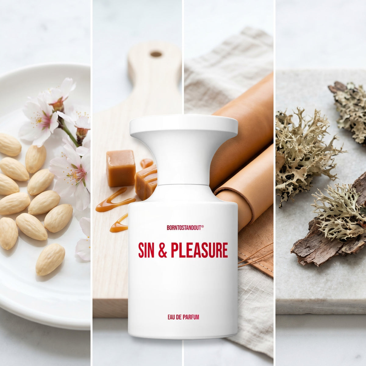 BornToStandOut Sin and Pleasure fragrance notes: Almond, Caramel, Leather, Oakmoss