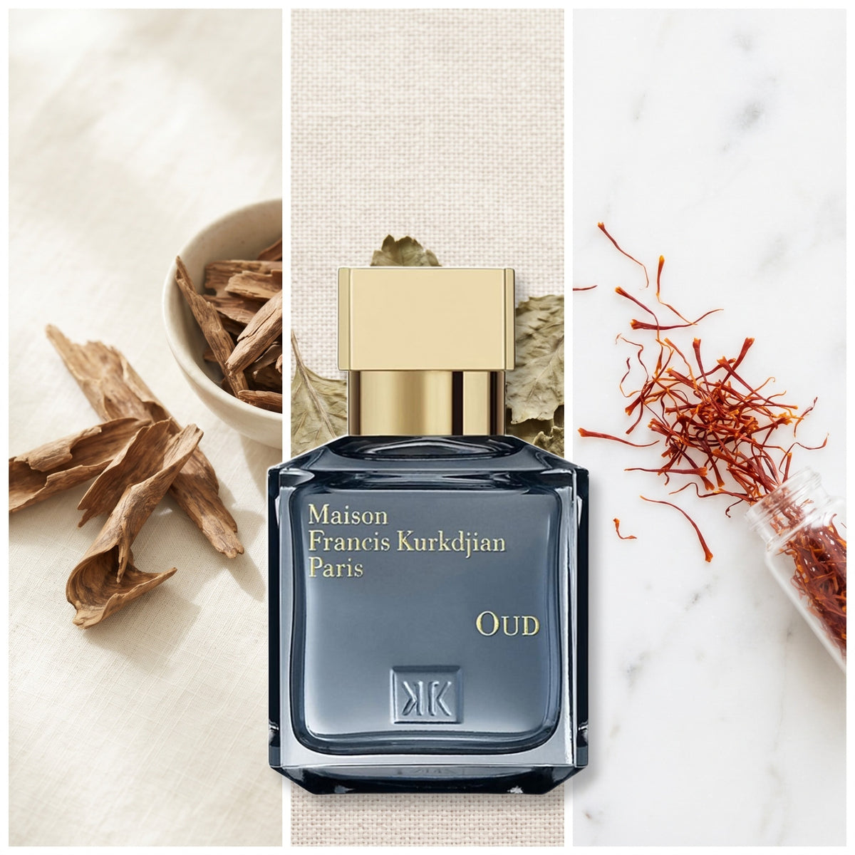 Maison Francis Kurkdjian Oud fragrance notes: Laotian Oud, Singapore Patchouli, Saffron