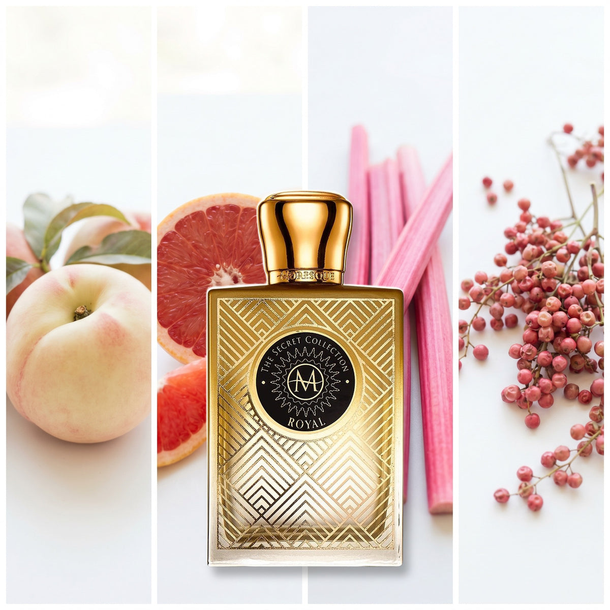 Moresque Parfums Royal fragrance notes: White Peach, Grapefruit, Rhubarb, pink Pepper