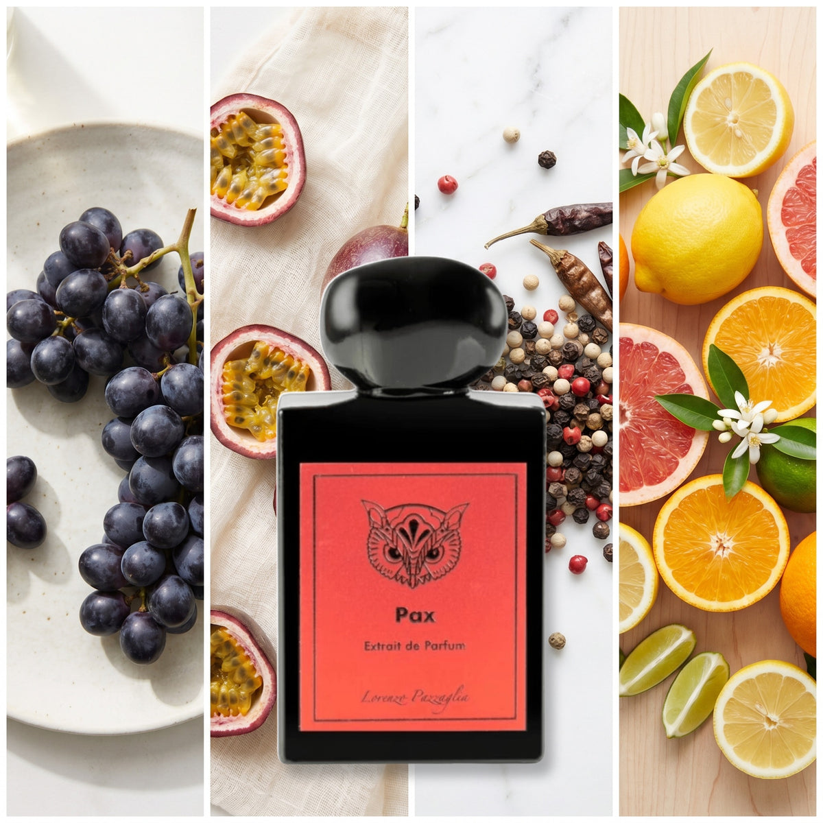 Lorenzo Pazzaglia Pax fragrance notes: Black Grape, Passion Fruit, Pepper, Citrus Notes