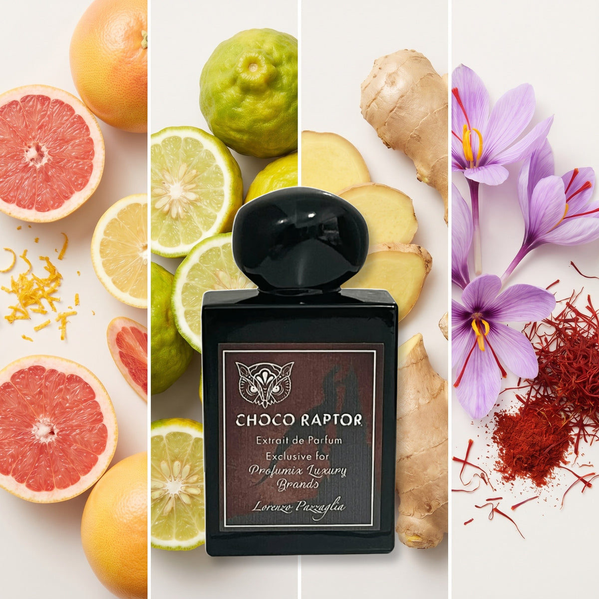 Lorenzo Pazzaglia Choco Raptor fragrance notes: Grapefruit, Bergamot, Fresh Ginger, Saffron