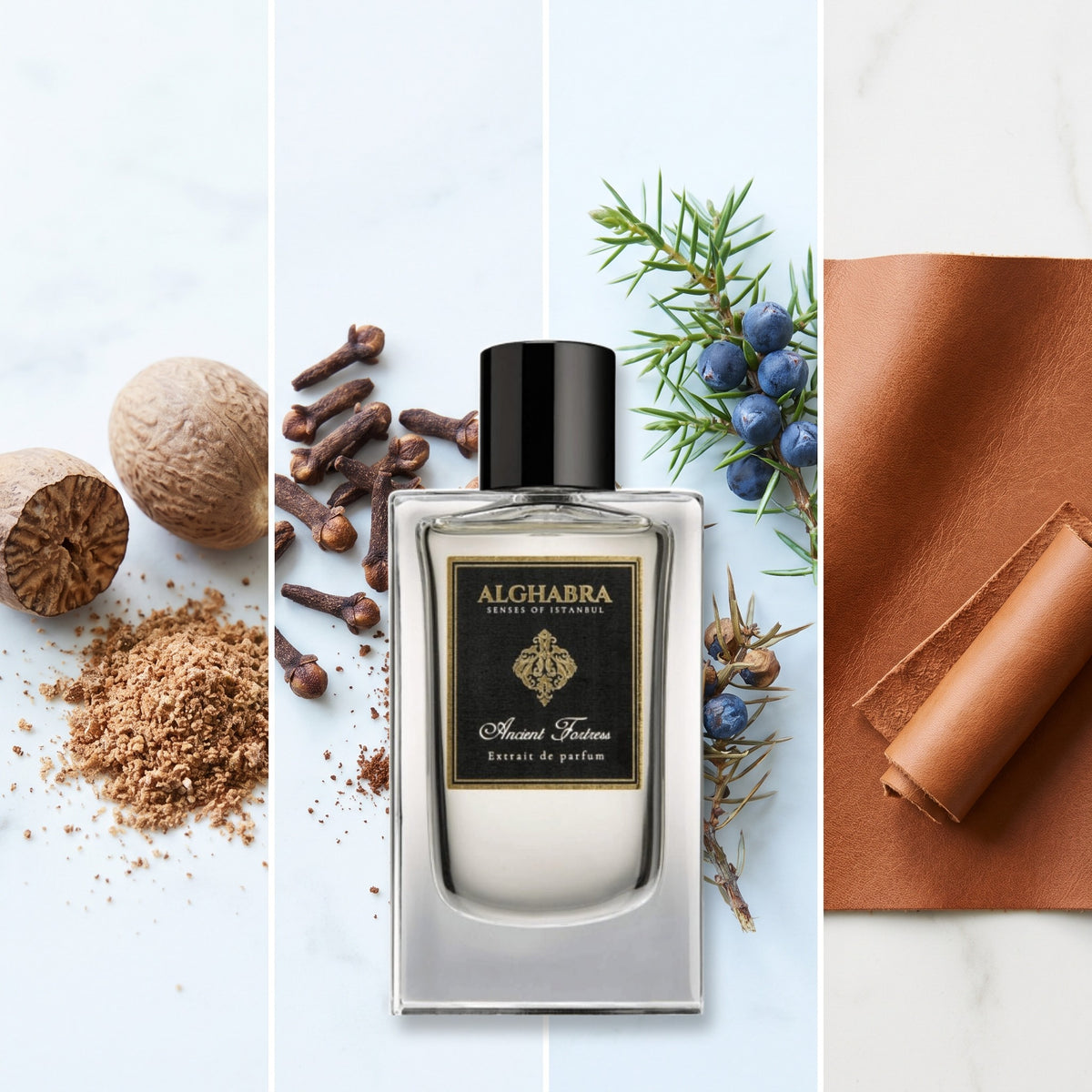 Alghabra Parfums Ancient Fortress fragrance notes: Nutmeg, Clove, Juniper Berry, Leather