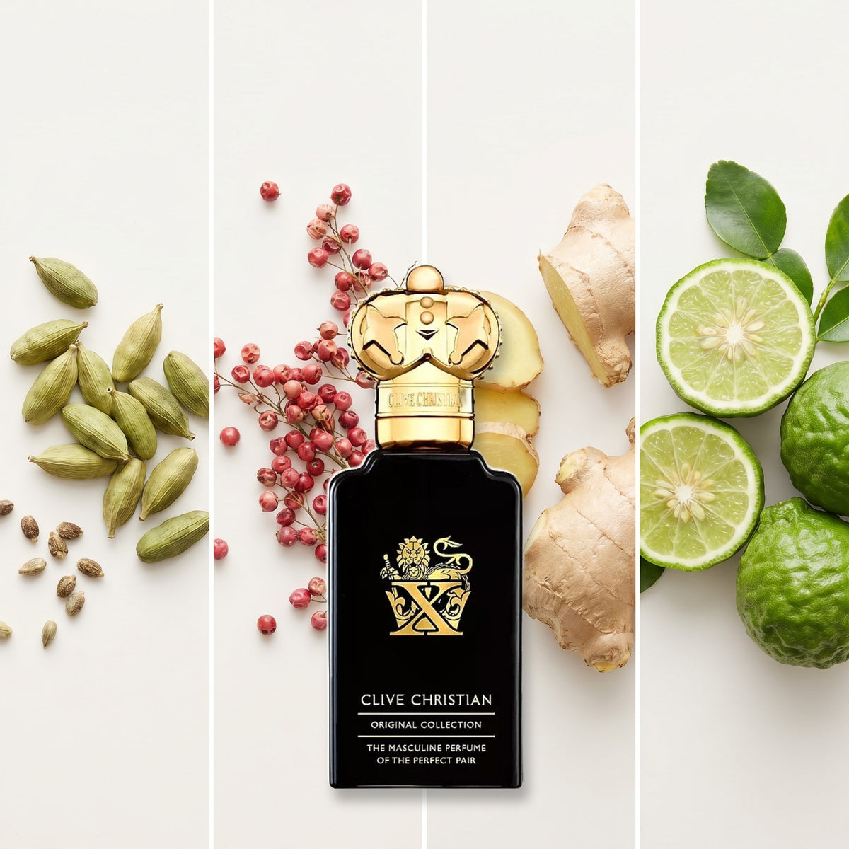 Clive Christian Original Collection X Masculine fragrance notes: Cardamom, Pink Pepper, Ginger, Bergamot