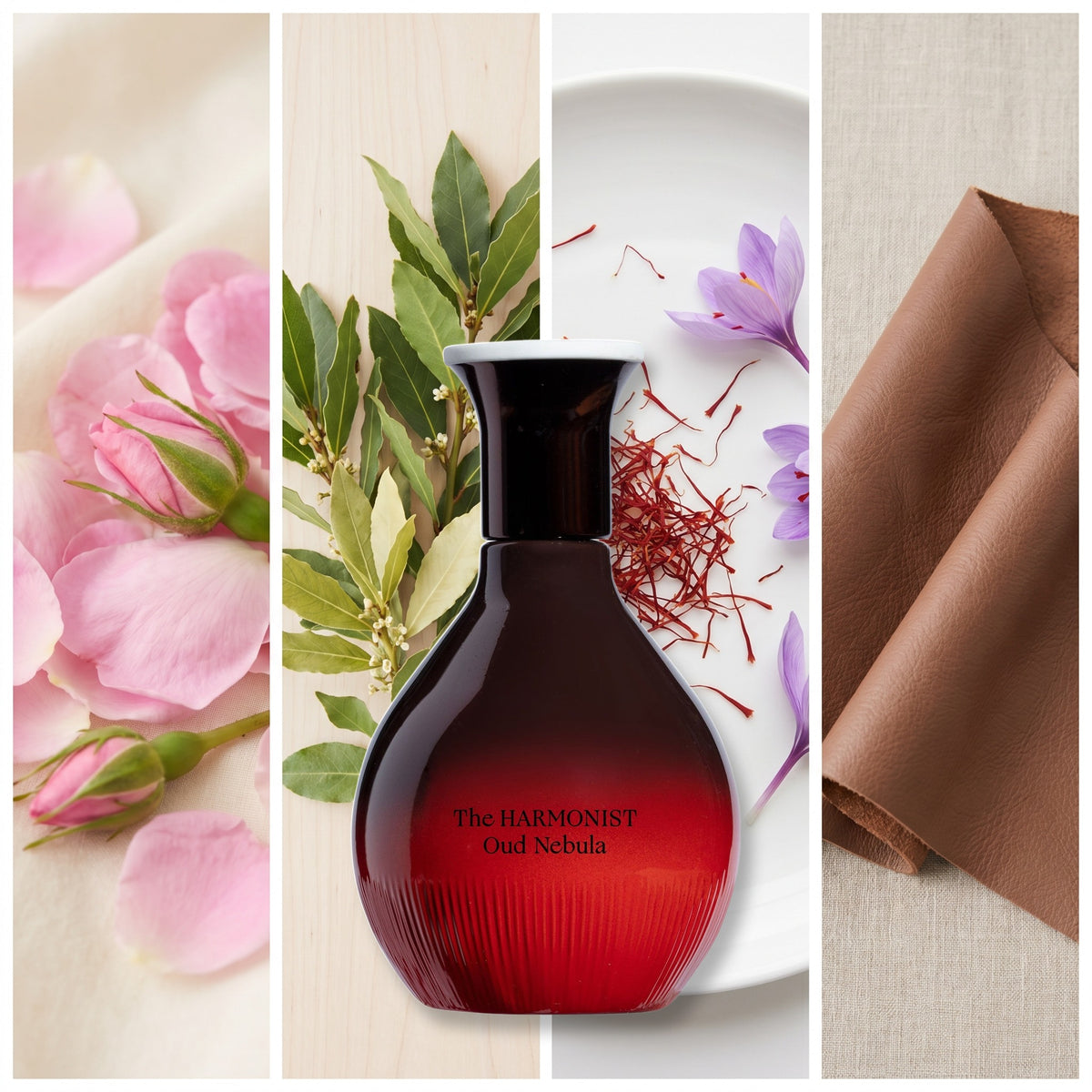 The Harmonist Oud Nebula fragrance notes: Bulgarian Rose, Laurel, Saffron, Leather