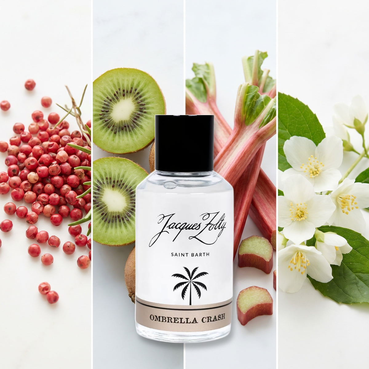 Jacques Zolty Ombrella Crash fragrance notes: PINK PEPPER, KIWI, RHUBARB, JASMINE