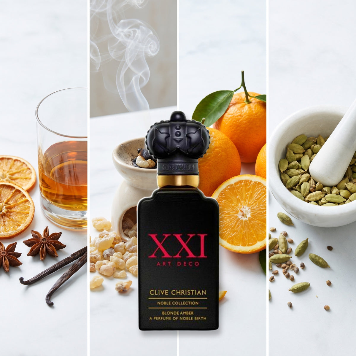 Clive Christian Blonde Amber fragrance notes: Rum, Olibanum, Bitter Orange, Cardamom