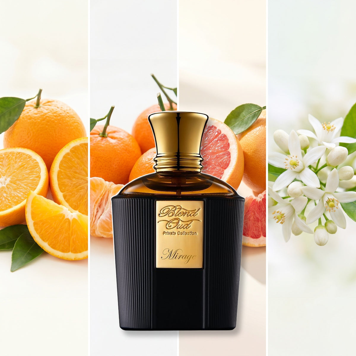 Blend Oud Mirage fragrance notes: Orange, Mandarin, Grapefruit., Orange Blossom
