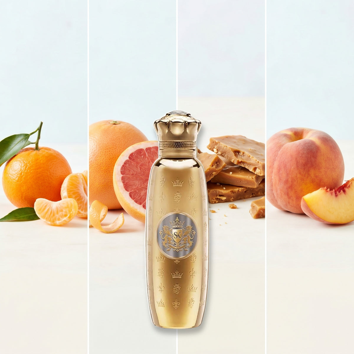 Spirit Of Kings Sagira fragrance notes: Mandarin Orange, Grapefruit, Toffee, Peach