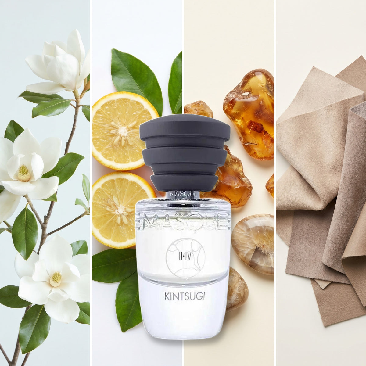 Masque Milano Kintsugi fragrance notes: Magnolia, Bergamot, Amber., Suede