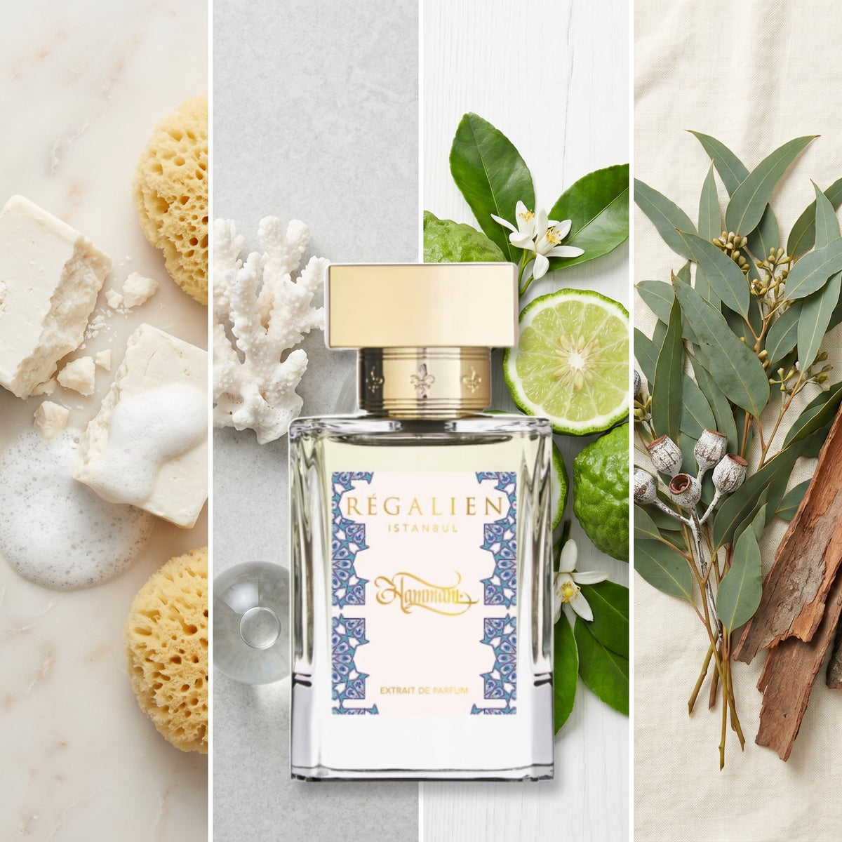 Regalien Hammam fragrance notes: Turkish Soap, Ozonic Notes, Bergamot, Eucalyptus