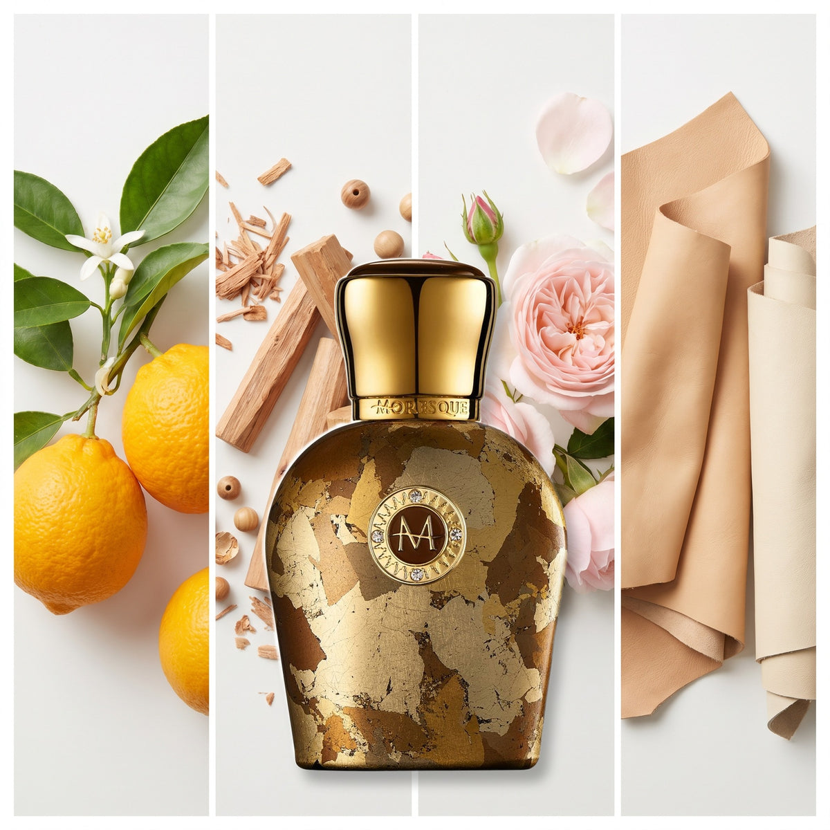 Moresque Parfums Sandal Granada fragrance notes: Bergamot, Sandalwood, Rose, Leather