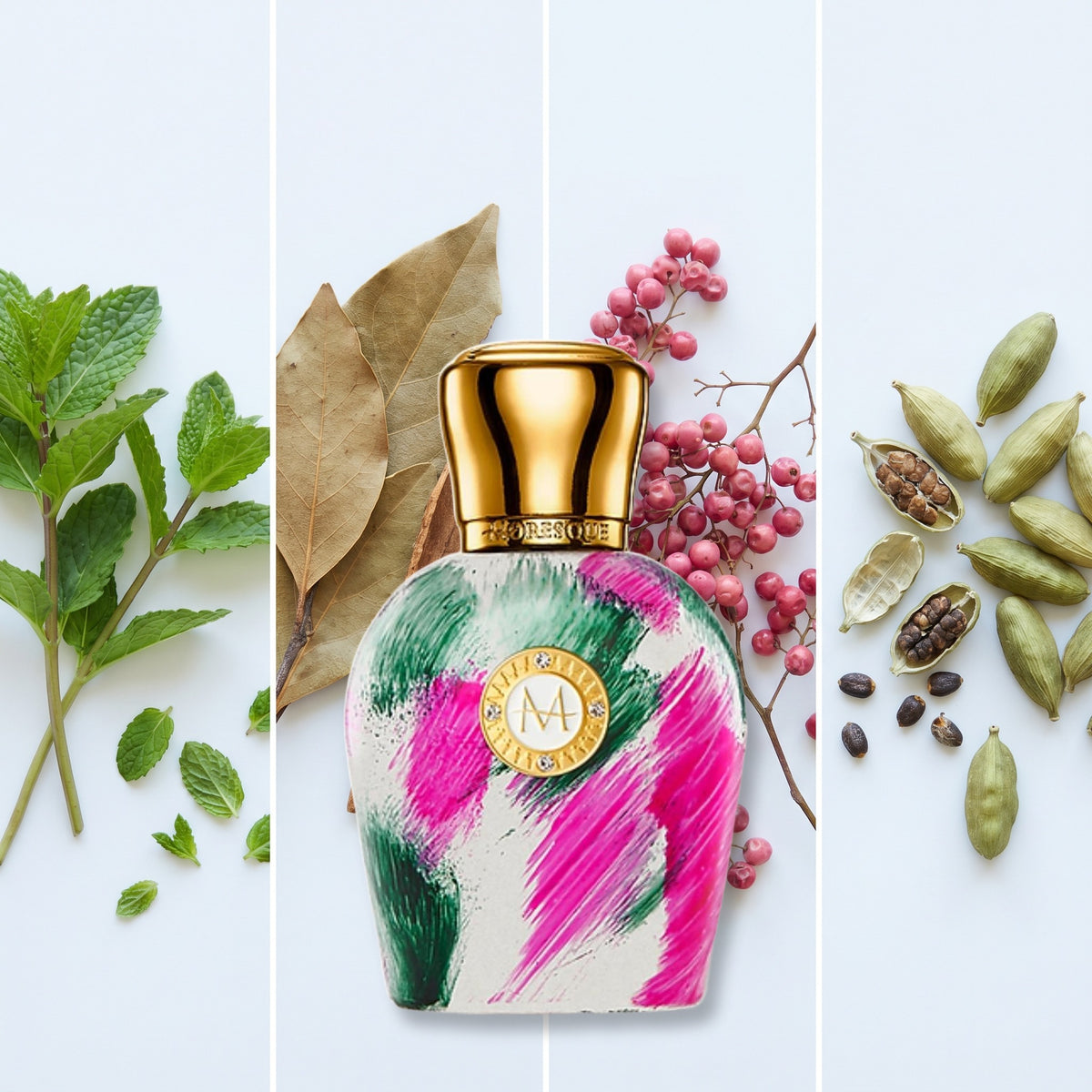 Moresque Parfums Divina Marchesa fragrance notes: Peppermint, Cinnamon Leaves, Pink Pepper, Cardamom