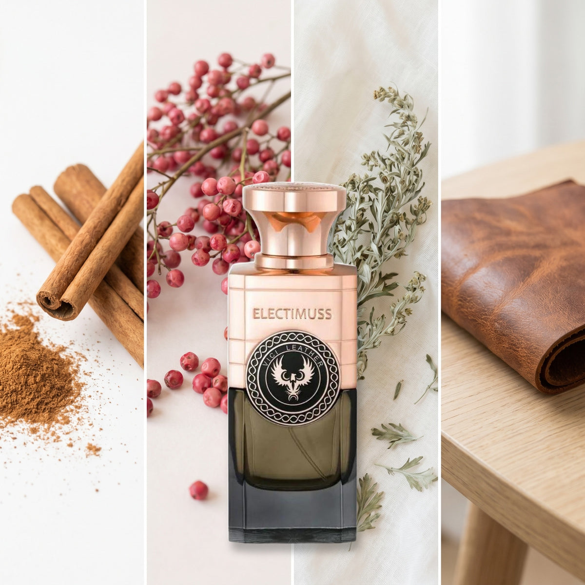 Electimuss Vici Leather fragrance notes: Cinnamon, Pink Pepper, Absinthe Wormwood, Leather