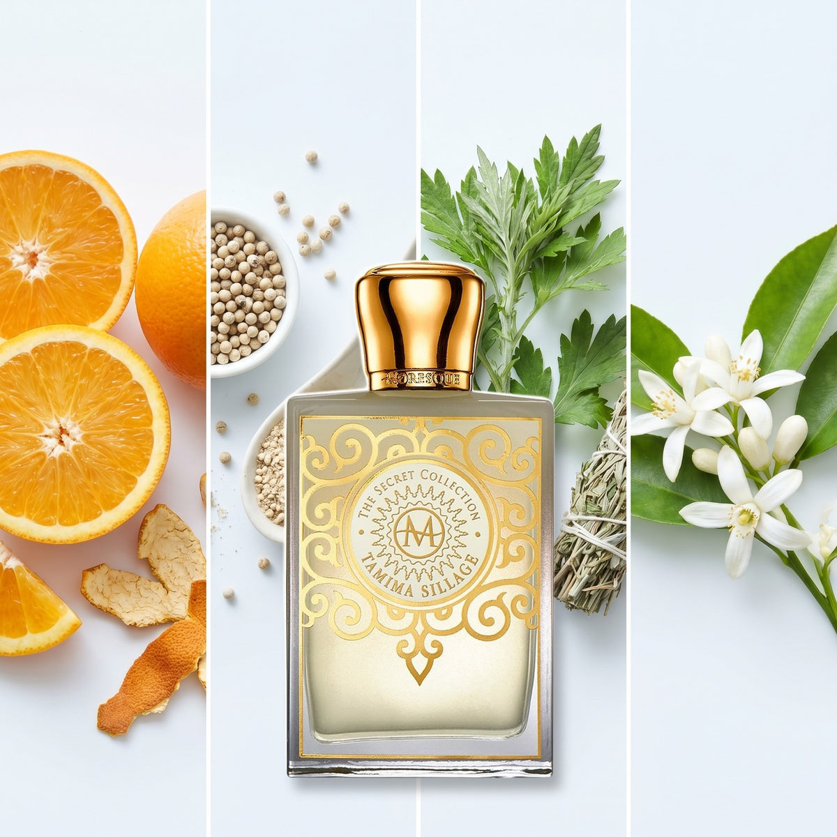 Moresque Parfums Tamima Sillage fragrance notes: Orange, White Pepper, Mugwort, Neroli