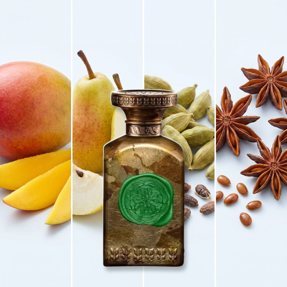 Anfas Hybrid Gaya Green fragrance notes: Mango, Pear, Cardamom, Aniseed