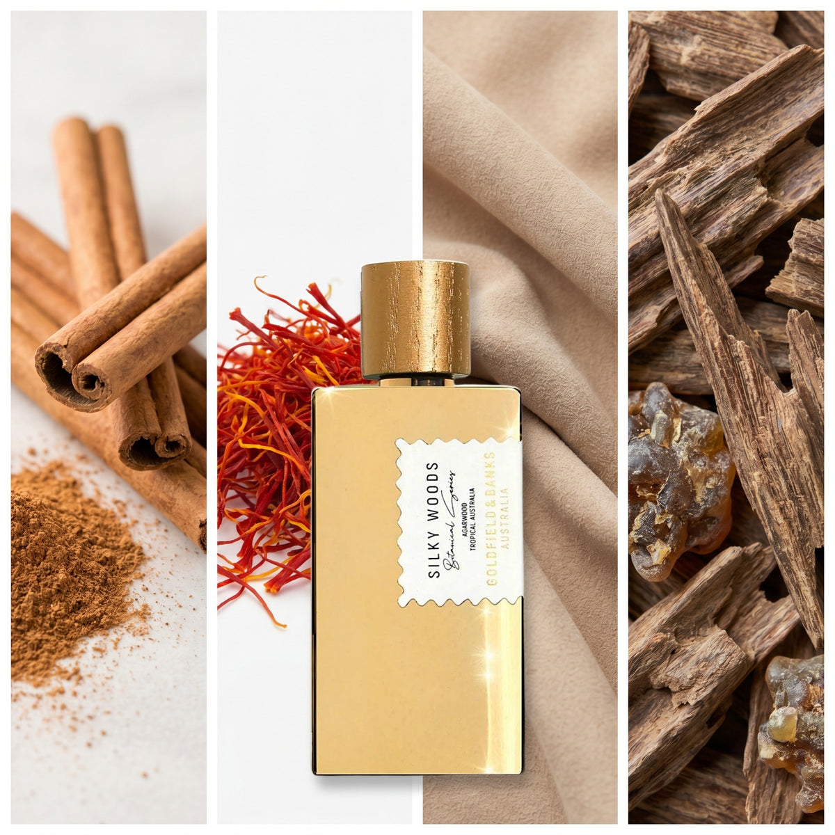 Goldfield & Banks Silky Woods fragrance notes: Ceylon Cinnamon, Saffron., Suede, Agarwood (Oud)