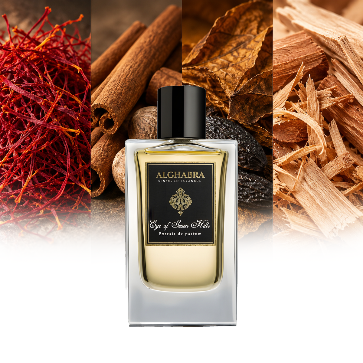 Alghabra Parfums Eye of Seven Hills fragrance notes: Saffron, Cinnamon and nutmeg, Tonka beans and tobacco leaves, Sandalwood and cedarwood | ScentRabbit
