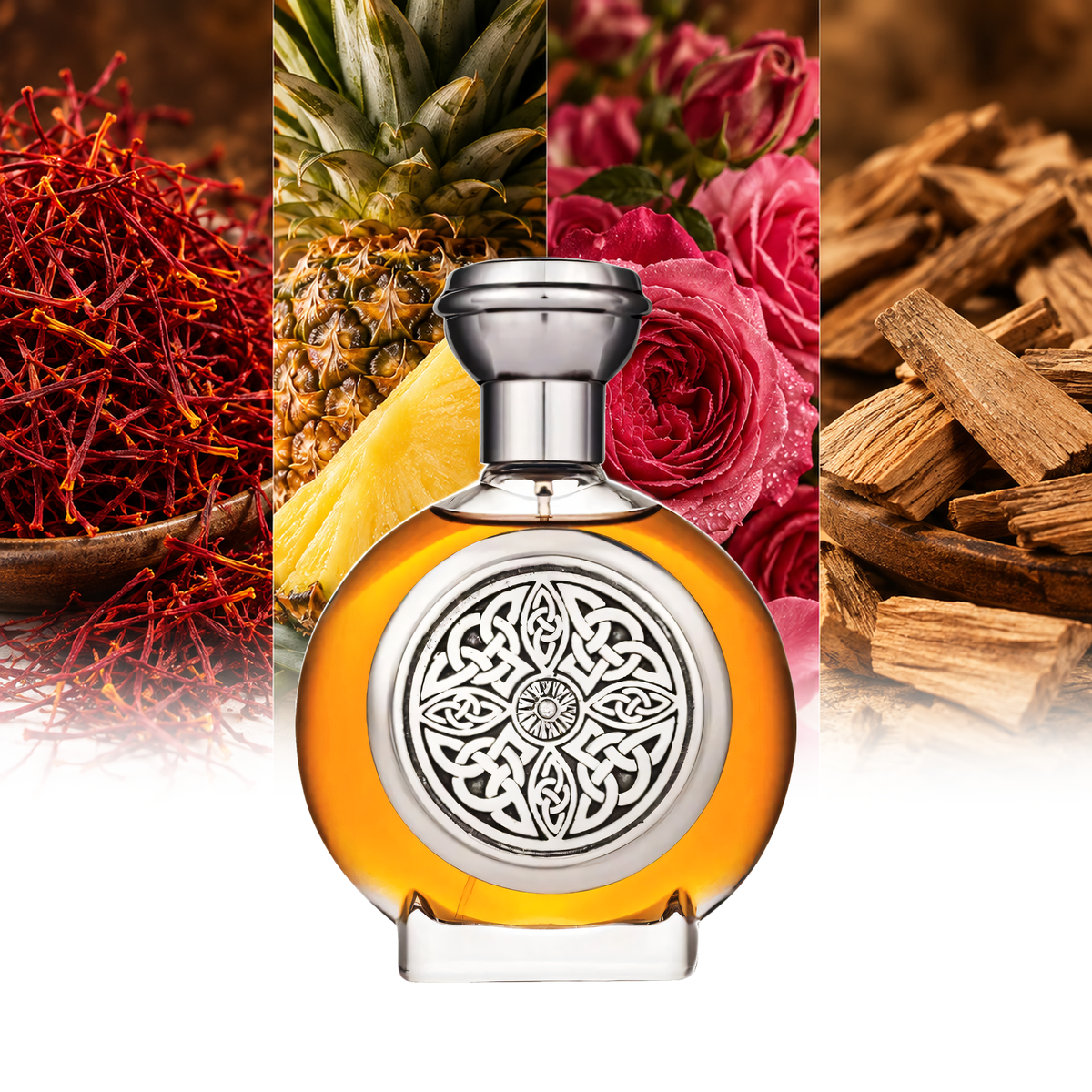 Boadicea The Victorious Almas fragrance notes: Saffron, Pineapple, Turkish Rose, Sandalwood | ScentRabbit