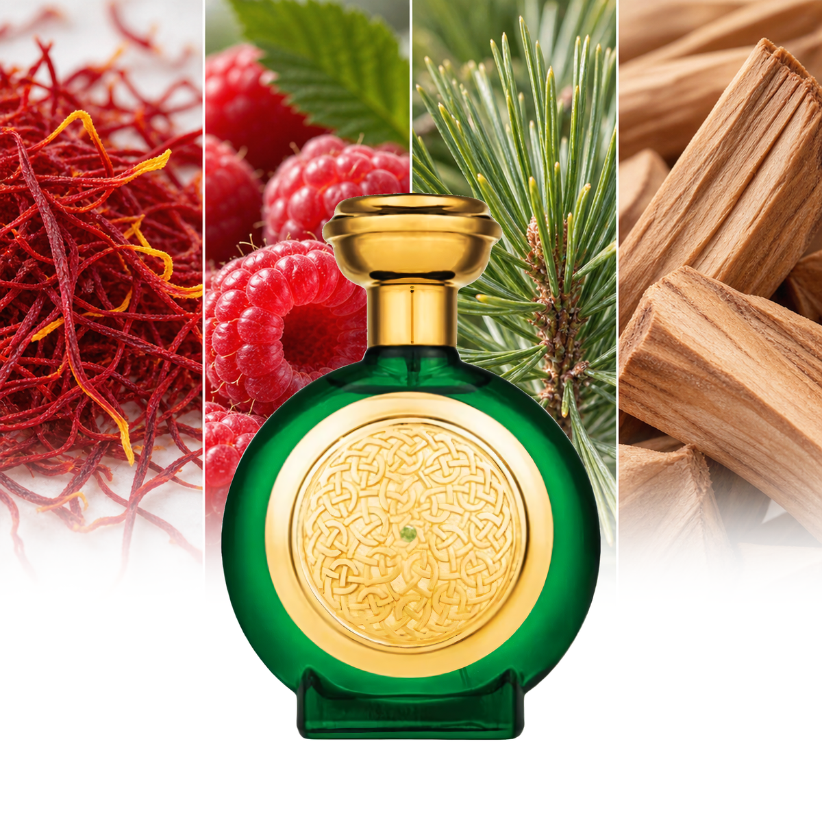 Boadicea The Victorious Green Sapphire fragrance notes: Saffron, Raspberry, Pine needles, Sandalwood | ScentRabbit
