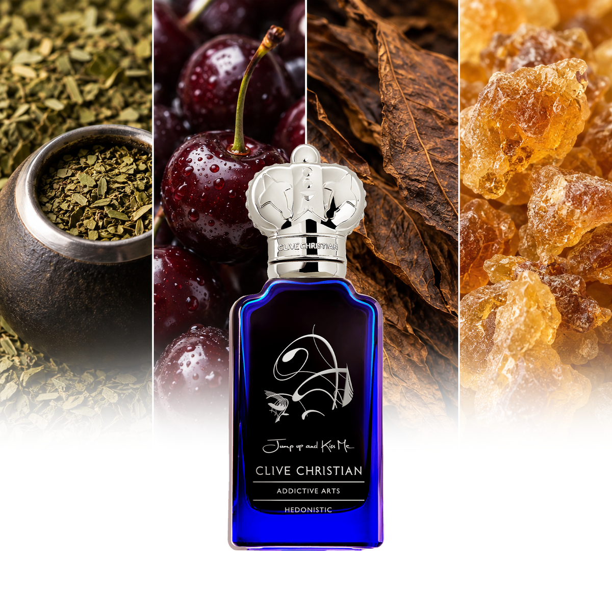 Clive Christian Jump Up and Kiss Me Hedonistic fragrance notes: Mate tea, Black cherries, Tobacco leaves, Labdanum resin | ScentRabbit