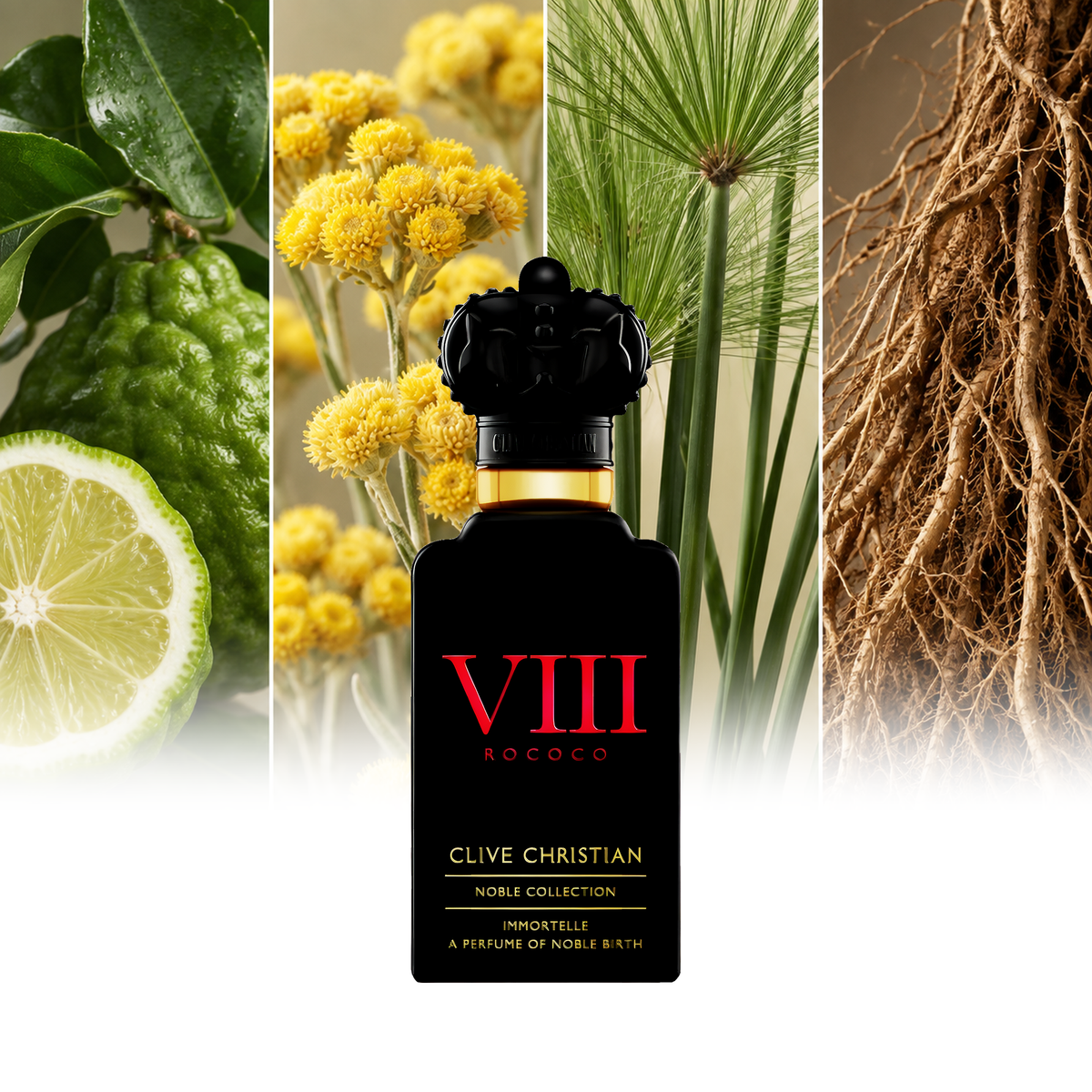Clive Christian VIII Rococo Immortelle fragrance notes: Bergamot, Immortelle flowers, Papyrus reeds, Vetiver roots | ScentRabbit